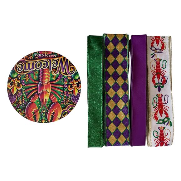 Mardi Gras Wreath Kit | Welcome Crawfish Sign & Ribbons Bundle | DIY Home Decor - Picture 5 of 5